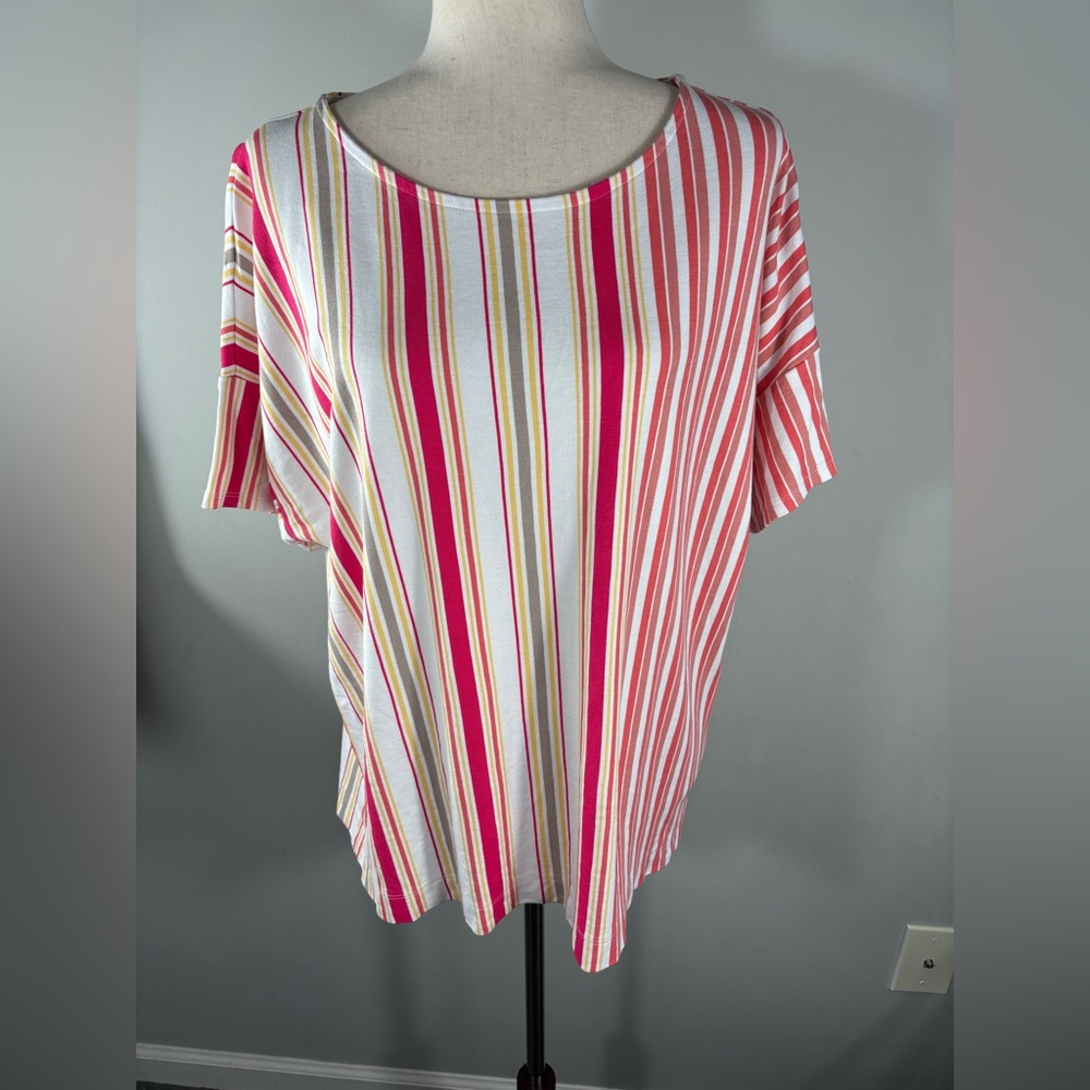 Chico's Womens Size 3 XL Red Stripe Blouse Shirt Top Short Sleeve Soft